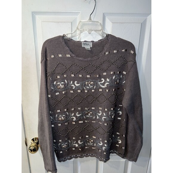 All Points by Reference Points Sweater M Grey Beaded Embroidered Ribbon Vintage - Picture 8 of 8